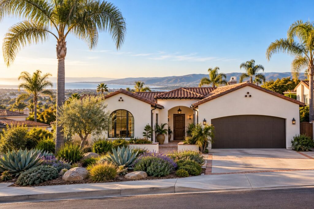 Southern California stucco home with palms and a low-water garden