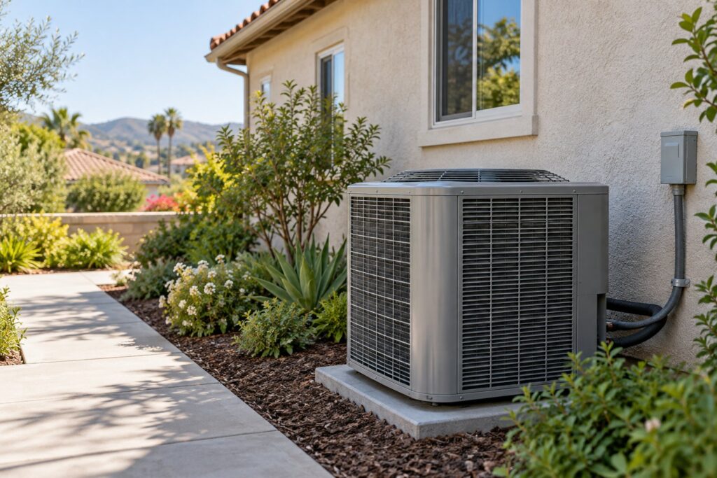 Outdoor air-conditioning unit beside a stucco home