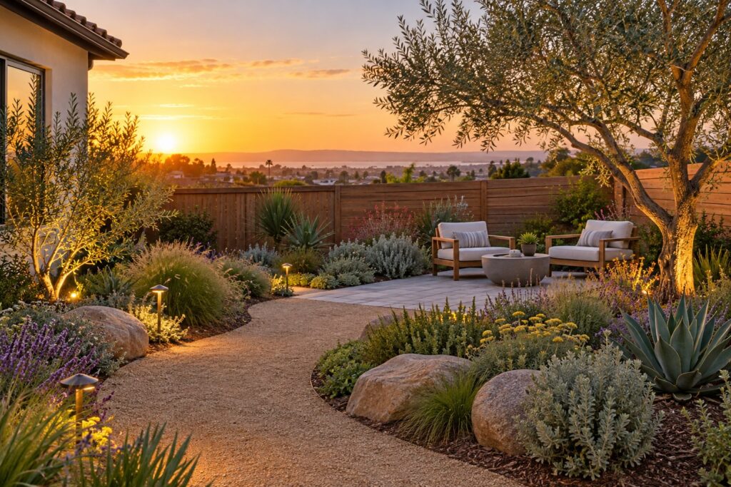 Low-water backyard planting and a sitting area