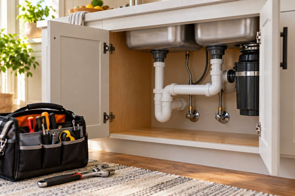 Residential sink plumbing and an organized tool bag